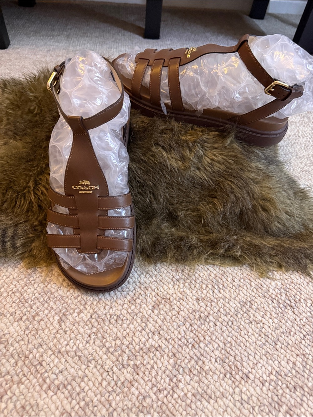 Coach Brown Leather Strappy Sandals with Gold Logo Size 9